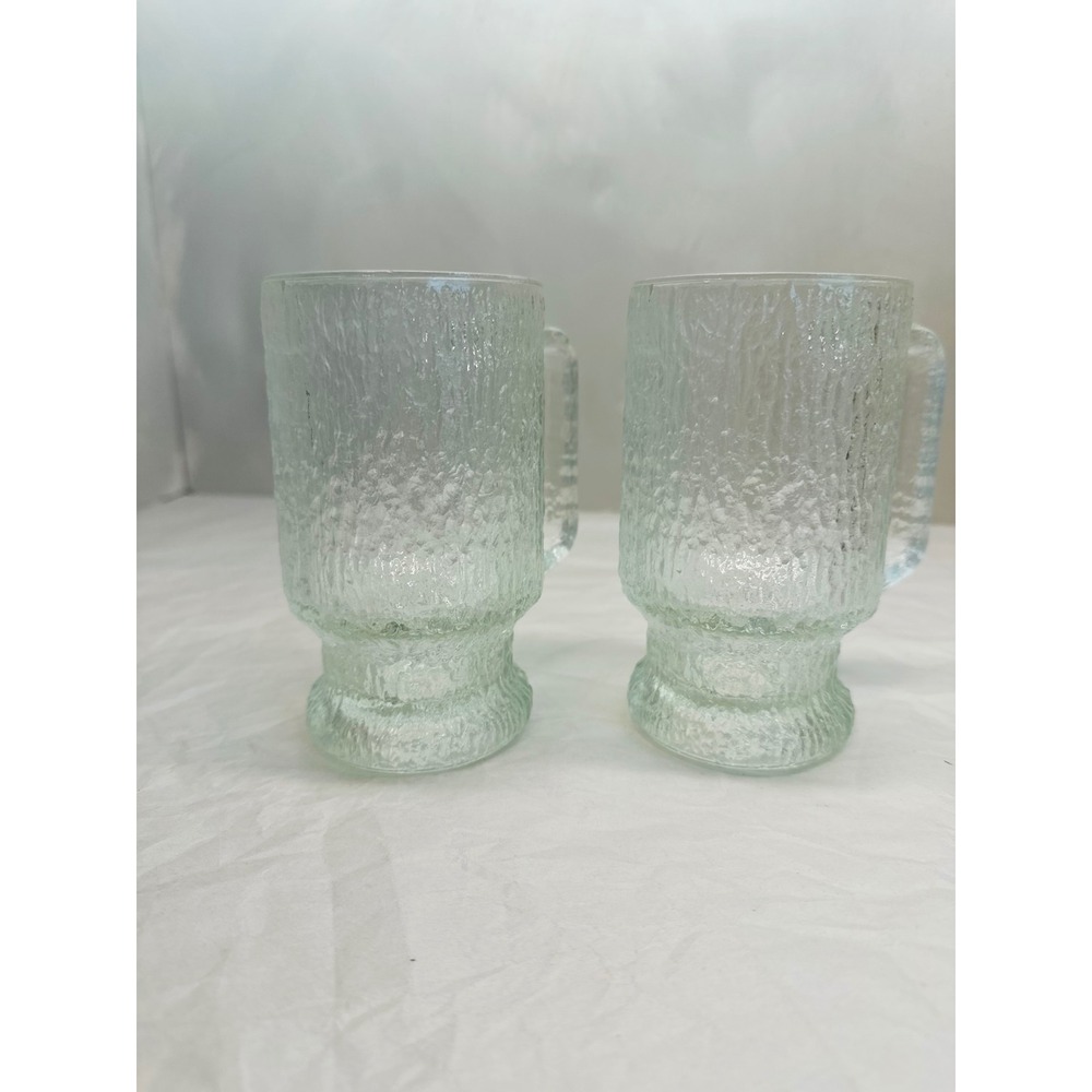 Vintage Indiana Glass Crystal Ice Tree Bark Footed Large Mug Set of 2